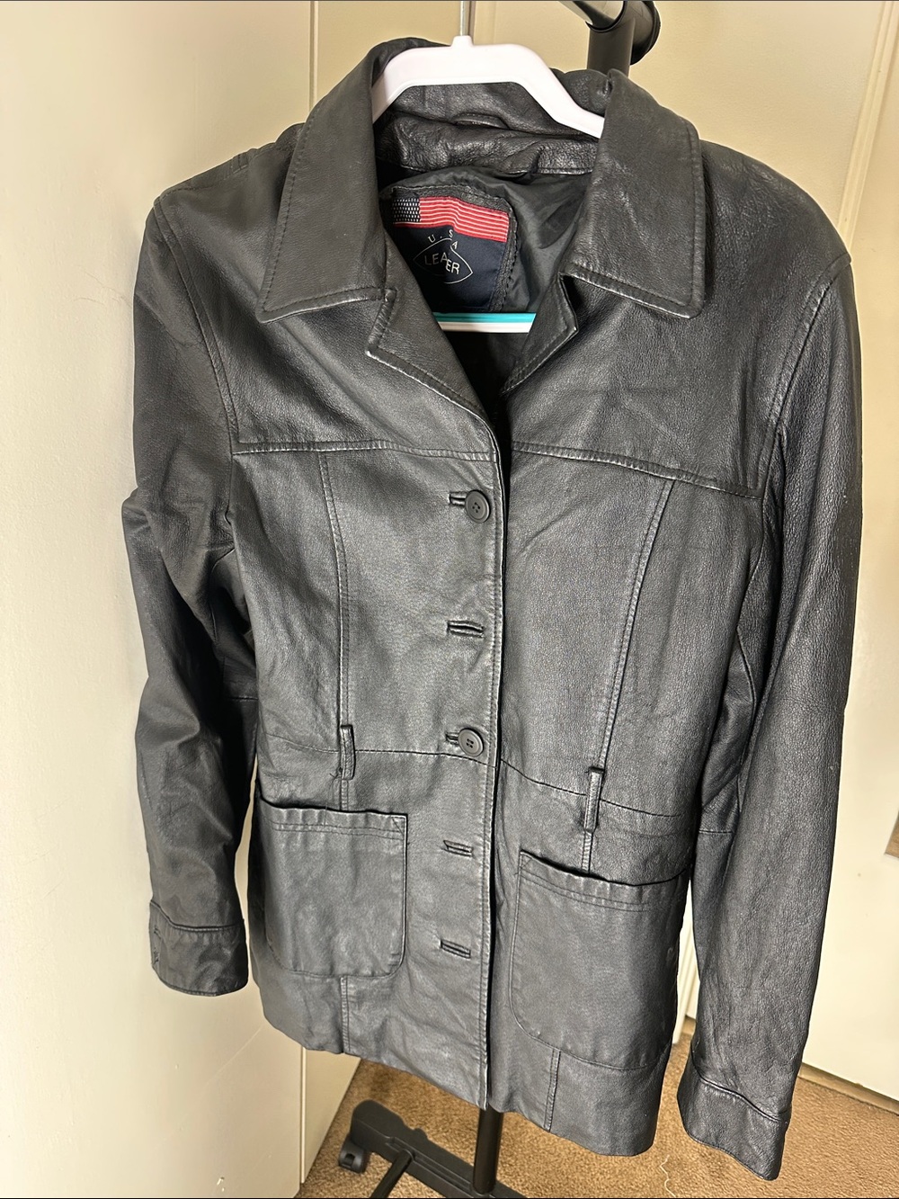Women's Black Leather Button-Front Jacket - Classic Tailored Style